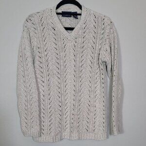 Vintage Liz Claiborne Chunky Knit Sweater Size L Ivory Cream Linen VNeck Coastal